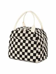 Checkerboard corduroy printed portable lunch bag large capacity fresh-keeping lunch bag suitable for outdoor camping checkerboard corduroy + aluminum foil Lunch Bag Tote Bag