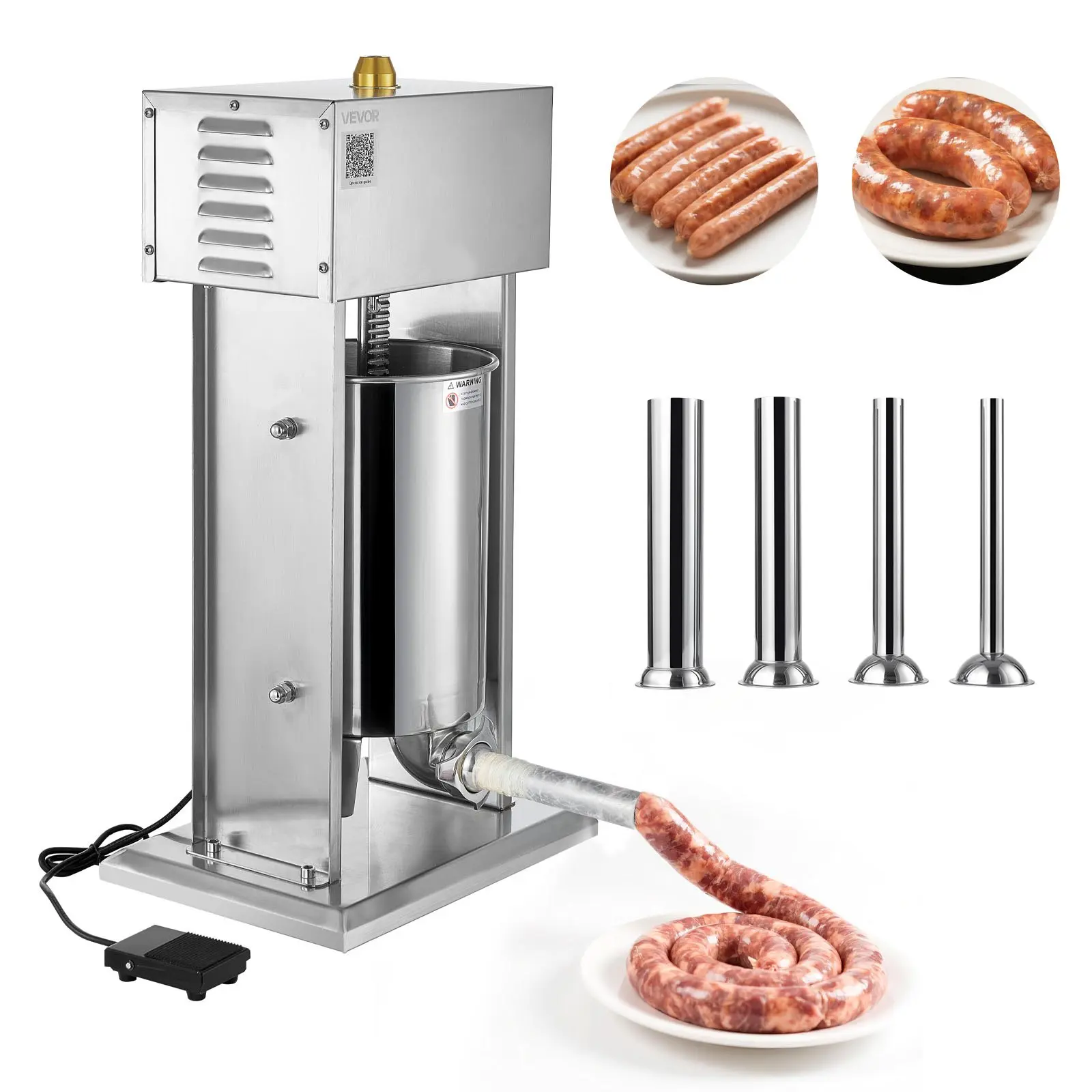 VEVOR Electric Sausage Stuffer, 25 lbs/12 L Vertical Metal Meat Filler, Stepless Speed Control & Foot Pedal, 35.4 kg Stainless Steel Heavy-Duty Unit, 4 Stuffing Tubes, 15.35x11.61x30.31 in, Commercial Home Use