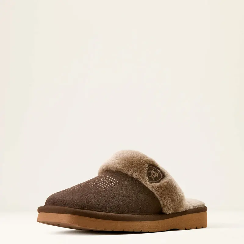 Ariat Women's Jackie Chocolate Suede Leather Slippers, Casual Slip On Square Toe Slides for Indoors with Cushioned EVA Sole, Footwear, Acrylic, Outdoor, No, Flat Heel, Ethylene Vinyl Acetate