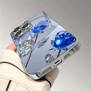 Fashion crystal blue rose pattern phone case for iPhone 11/12/13/14/15/16 Pro Max/XS/XR/7/8 Plus with lens protector