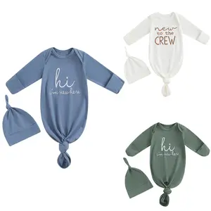Newborn Coming Home from Hospital Outfit Infant Baby Knotted Gown New to the Crew Embroidery Nightgown Sleeping Bag Sleepwear Pajamas