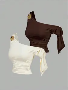 Elegant Spring Summer Fall Women's Tops Metal Flower Strapless Metallic Vest Set, Stylish Shoulder Cut Out Backless Design, Perfect for Casual Wear