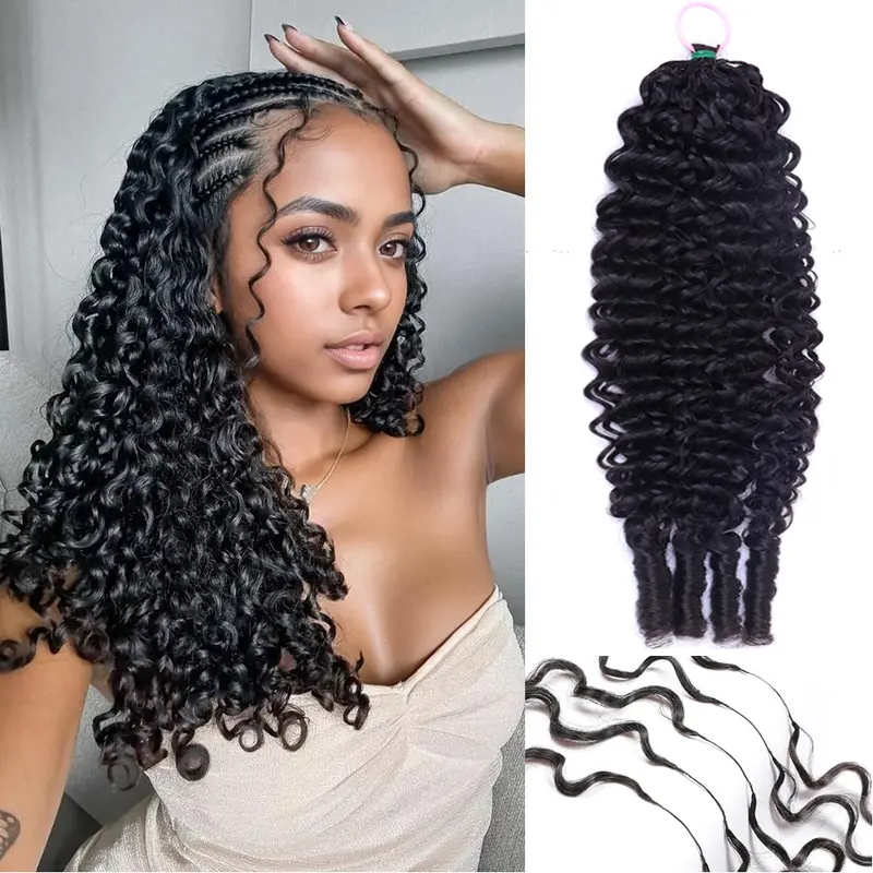 Bling Hair Burmese Curly Feather Crochet Human Hair Bundles Human Crochet Hair Pre Looped 100 Strands Pre-Separated Reusable Invisible 100% Virgin Human Hair Crochet Extensions Natural Black