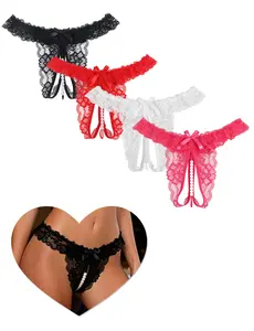 Women’s Sexy Panties Y-Back G-String Floral Lace Bow Underwear Low Waist Thongs with Pearls Ball,Plus Size Briefs Hipster Curvy Sheer Knicker for All Seasons Breathable Elastic Cheeky Womenswear Trim Knickers Fit Gift Panties M-3XL