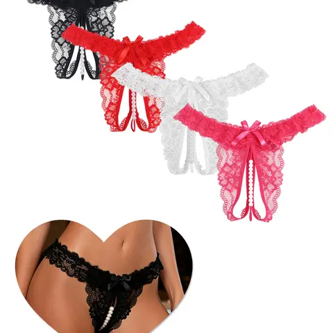 Women’s Sexy Panties Y-Back G-String Floral Lace Bow Underwear Low Waist Thongs with Pearls Ball,Plus Size Briefs Hipster Curvy Sheer Knicker for All Seasons Breathable Elastic Cheeky Womenswear Trim Knickers Fit Gift Panties M-3XL