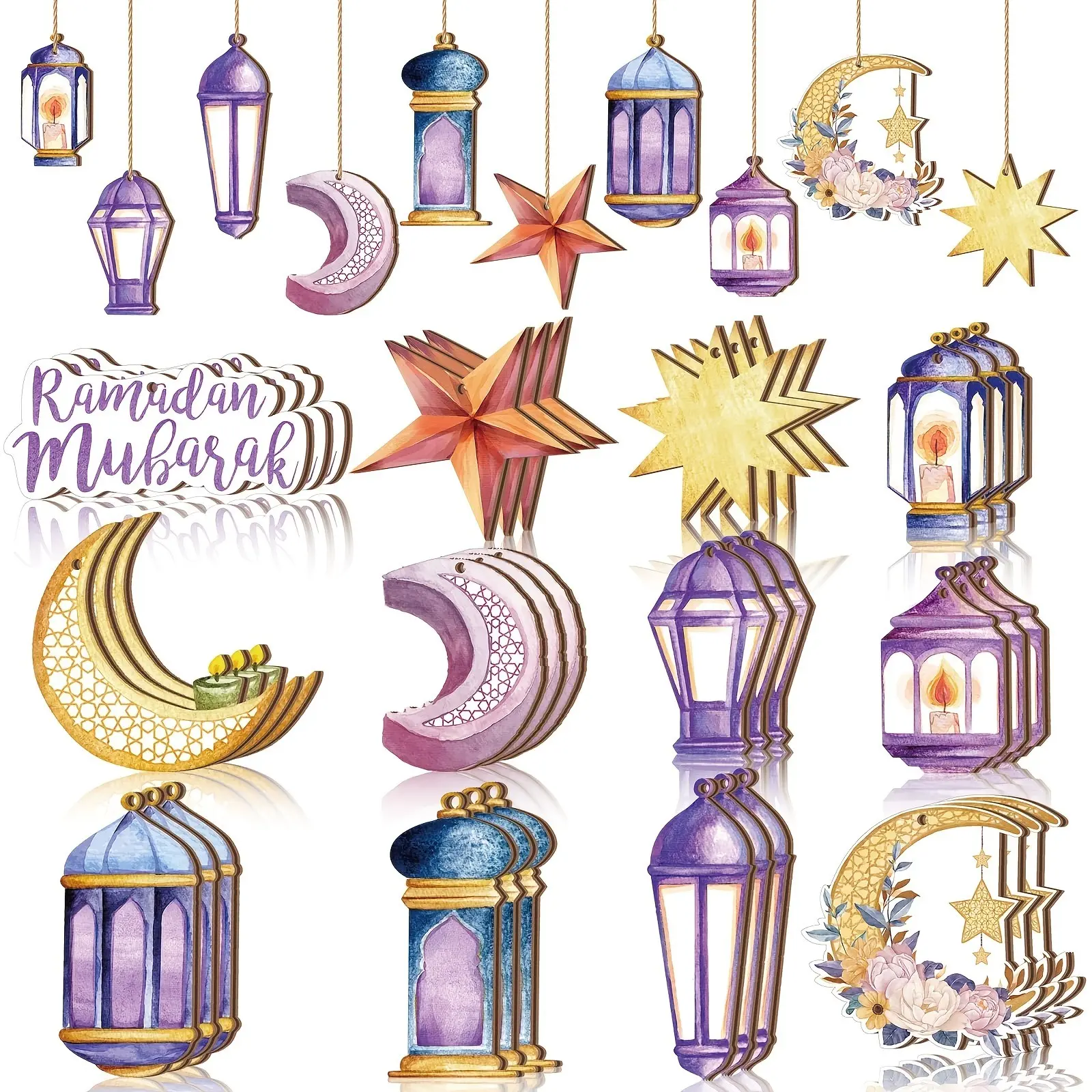 Ramadan Decorations Set, Wooden Hanging Ornaments, Moon Light & Star Blessing, Vintage Islamic Home Party Decoration, 12/24/36 Pieces