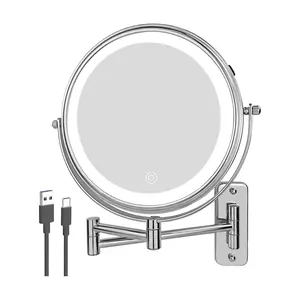 Wall Mounted Lighted Makeup Mirror, 8" Rechargeable Double-Sided Magnifying Mirror 1x/10x , 3 Colors Led Vanity Mirror with Lights, Touch Dimmable 360° Rotation Foldable Light up Mirror