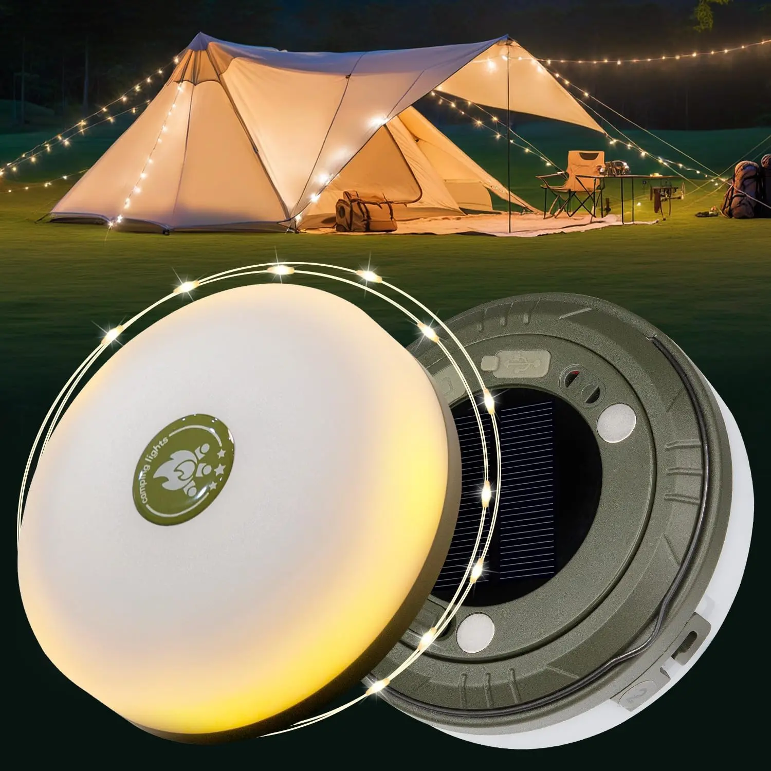 Camping light string, 32.8Ft Retractable LED String Lights, Solar & Battery Powered, Waterproof Emergency Outdoor Lights