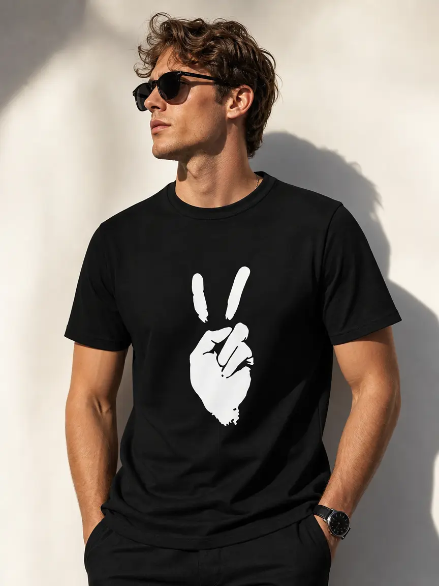 Men's Retro Peace Sign Cotton T-Shirt - Unisex Vintage Distressed Hand Gesture Graphic, Round Neck, Short-Sleeve, Classic Streetwear Hippie Top, Fitted Cut, Distressed Edge, Hippie Vibe, Machine Washable, Normal Type, Cold Wash, Menswear, Casual