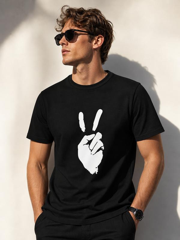 Men's Classic Cool Graphic Round Neck Cotton T-Shirt - Menswear Unisex Retro Hippie Distressed Hand Gesture Short Sleeve Streetwear, Fitted Cut, Distressed Edge, Machine Washable, Cold Wash Casual Top