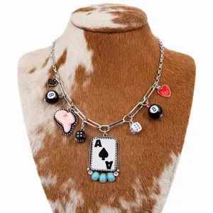 CASINO CHARM NECKLACE - 17 Inch Chain with Adjustable Extender & Secure Lobster Clasp - Heart playing cards Cowboy Hat 8 ball Charms Boho Ranch Shop