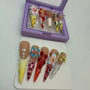 Handmade Beauty Press On Nails with Vibrant Floral Designs and Gold Accents for Elegant Manicure 3D Design Multicolor High Quality Easy Application