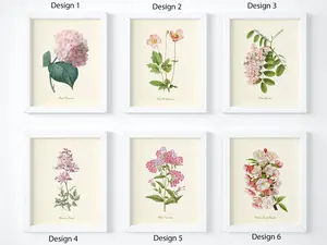 Pink Flower Wall Art Set of 6 Poster – Vintage Botanical Prints – Floral Wall Decor for Bedroom, Bathroom, or Nursery – Unframed Botanical Artwork