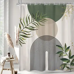 1/4pcs Sage Green Boho Mid Century Shower Curtain Set, Abstract Golden Leaves Grey Modern Sun Arch Minimalist Geometric Aesthetic Plant Shower Curtain with 12 Hooks, Non-slip Floor Mat, Toilet Seat Cover Mat, U-shaped Mat, Home Decor
