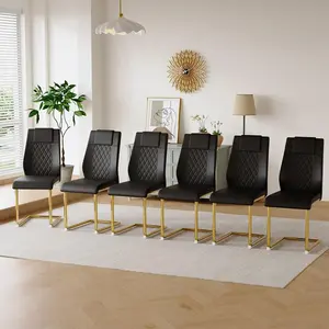 Modern Kitchen Chairs Set of 6 with Electroplated Metal Legs, Upholstered Dining Chairs with Black Faux Leather Cushion Seat for Dining Room-weekly picks