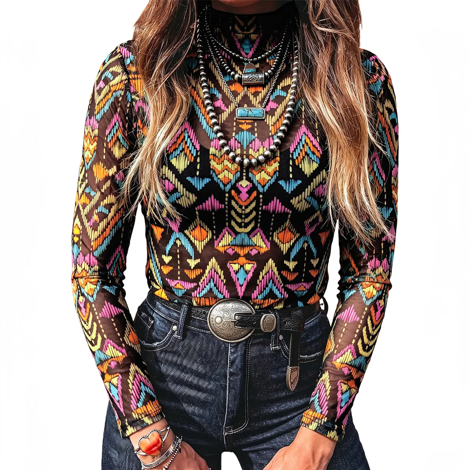Znacicc Women's Western Vibe Mesh Blouse - Color black Abstract Print Shirts, Fitted Stand Collar Womenswear Top for Fall Transition, Casual Vintage Street Style
