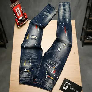 Men's Retro Blue Ripped Jeans, Fashion Paint Print Design, Slim Fit Skinny Leg Style, Trendy Streetwear Men's Pants