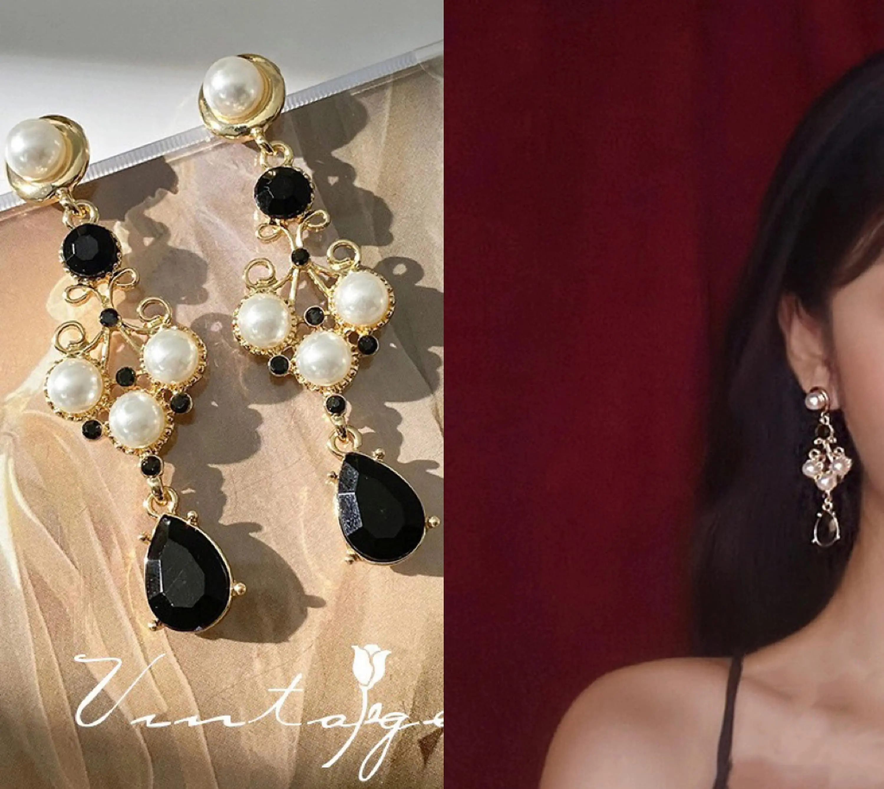 Gothic Black Teardrop Earrings - Victorian Luxury Gold Lace Earrings - Baroque Pearl Black Onyx Fan Drop Earrings