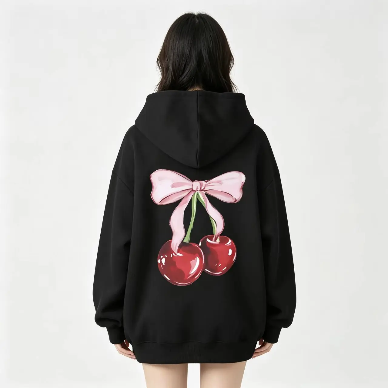 Women's Cherry Graphic Hoodie Long Sleeve Hooded Sweatshirt Cute Pullover Tops Casual Black