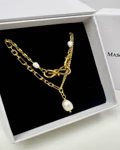 18K Gold Bow + Pearl Pendant Necklace Stack Bundle