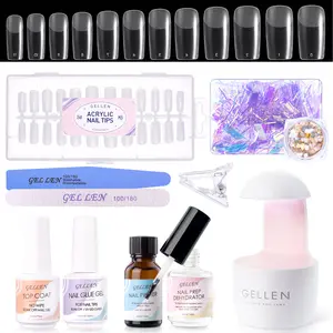 Gellen Nail Tips and Glue Gel Kit, Gel X Nail Kit 3 In 1 Nail Glue Gel with 240Pcs Square Nails and Portable Nail Lamp, Nail Prep Dehydrator & Nail Primer DIY Nail Art Tools Gel Nail Extension Kit Polish Flawless Gentle Gift