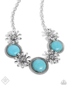 Cowboy Casanova - Blue Turquoise Stone Silver Flower Short Necklace - Paparazzi - Fashion Fix  June 2024