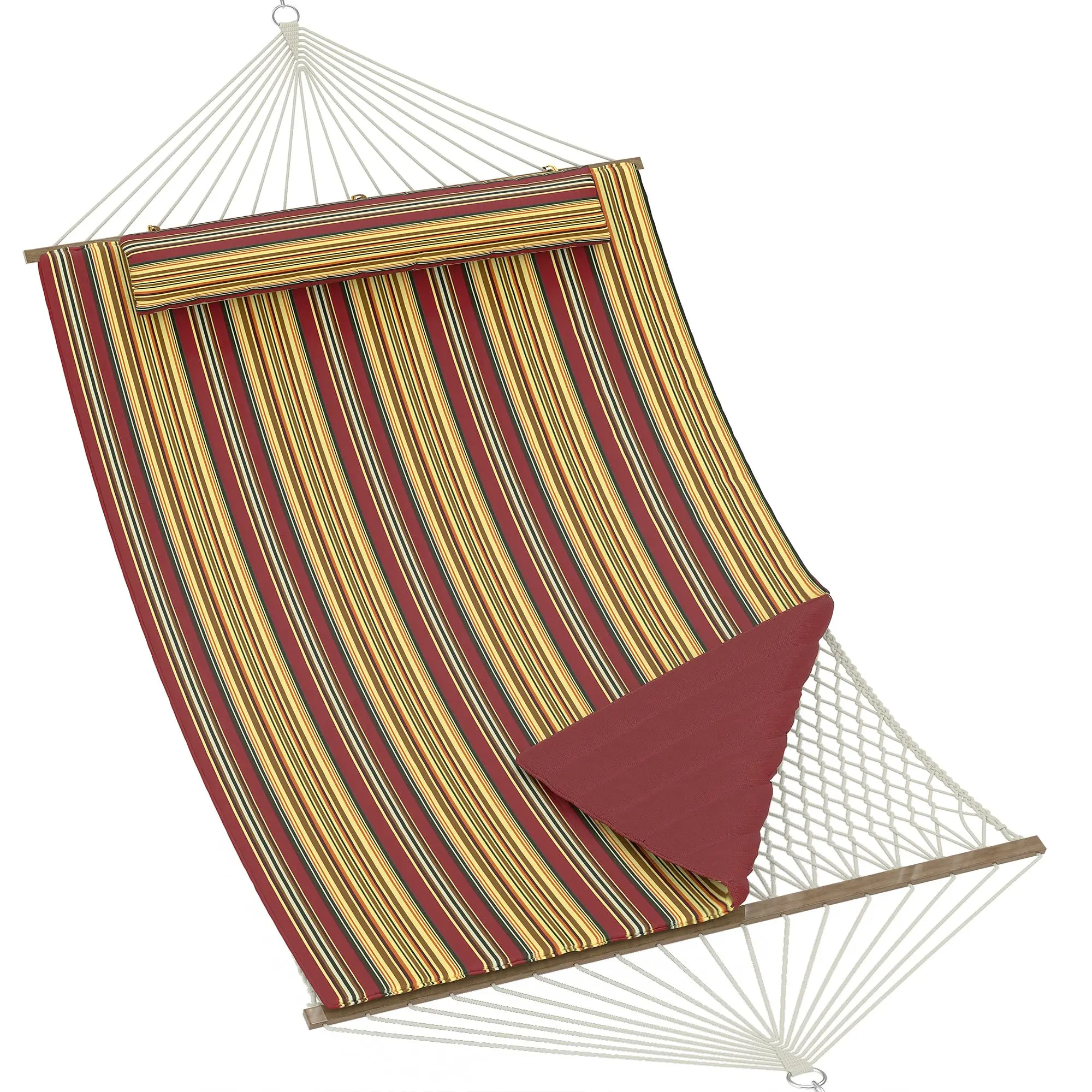 Double Outdoor Hammock for 2 Persons - Quilted Hammock with Spreader Bar & Removable Pillow - Cotton Rope & Polyester Pad - Max 500lbs for Patio, Garden, Beach