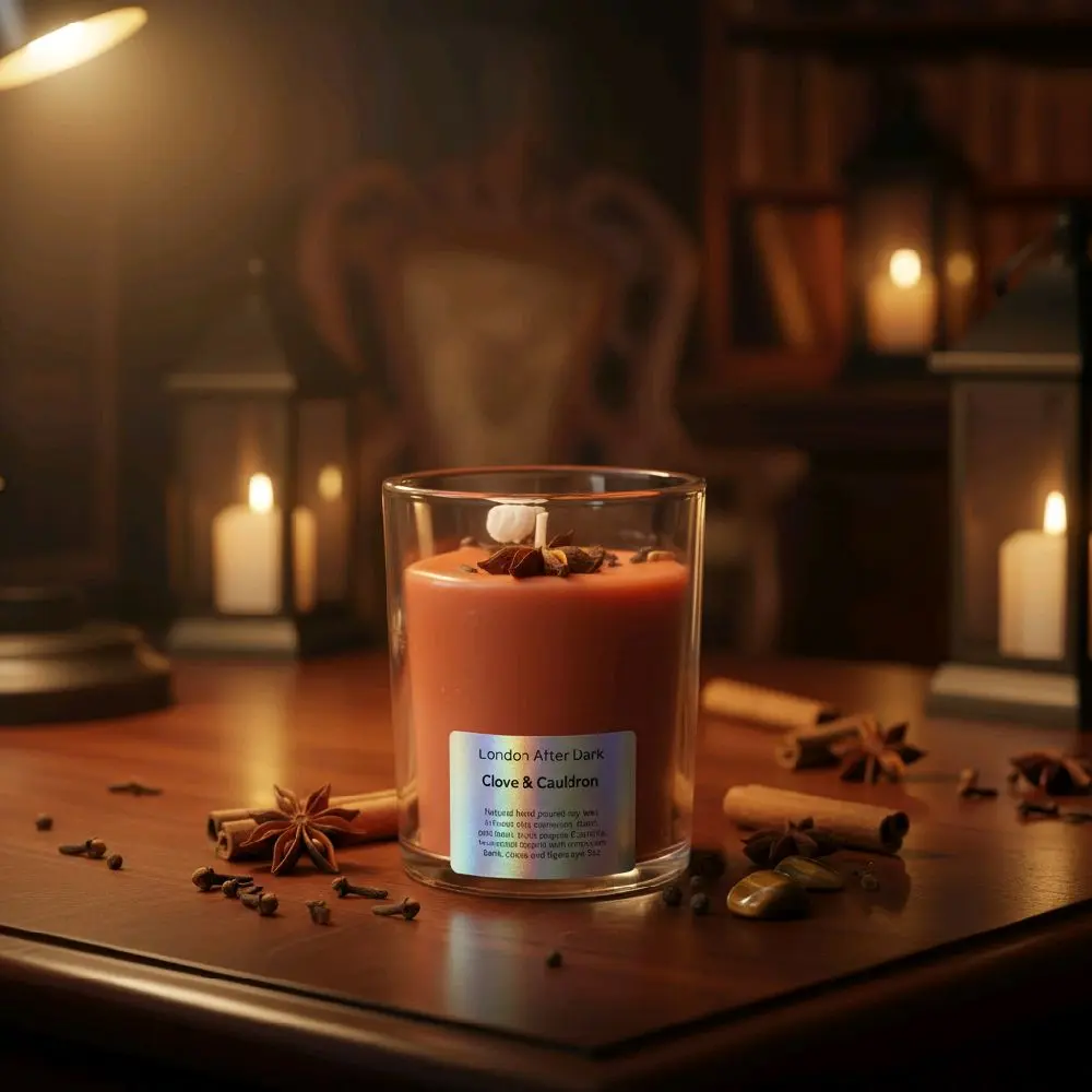 Hand-Poured Soy Candle - London After Dark Cozy Scent, Clove & Cauldron with Black Peppercorn, Tiger Eye, Aromatic Decorative Accent, Home Decor Accessory, Decorative Accent Candles, Aromatic Candles