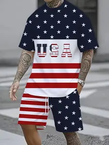 Men's American Flag Print Two-Piece Summer Set, Star-Spangled Tee and Shorts, Casual Patriotic Streetwear, Breathable and Comfortable
