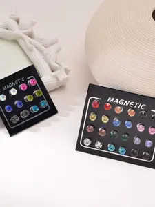 18 Pairs Magnetic Stud Earrings Colorful Dazzling Style (No Piercing, Multi-Color Crystal Stones) for Women & Girls (Daily Wear, Parties & Casual Styling)
