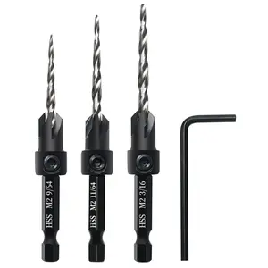 Countersink Drill Bit Set, 3PCS Tapered Drill Bits, M2 Countersink Set with 1/4" Hex Shank Quick Change and 1 Allen Wrench for Woodworking, Pilot Screw Hole Set for Soft & Hard Wood