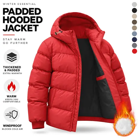 Men’s puffer jacket with hood, thickened padded winter coat, warm windproof full-zip hooded jacket, casual lightweight insulated outerwear for cold weather, outdoor activities, travel, and everyday wear