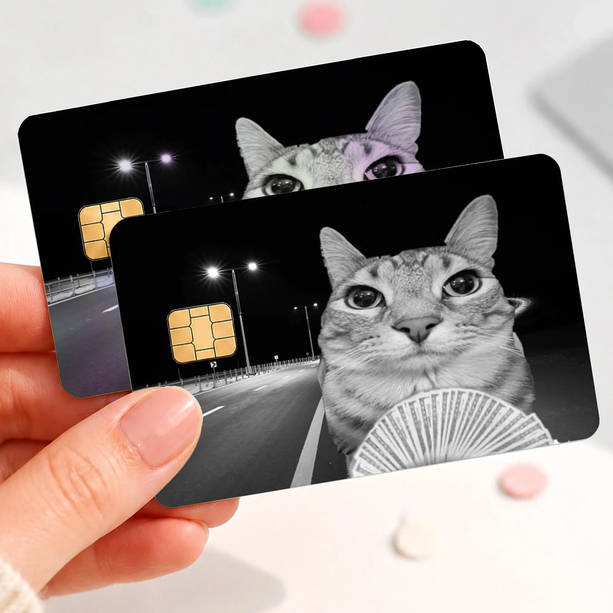 [BUY 1 GET 1 FREE] Funny Rich Cat Money Credit Card Skin - Viral Meme Cash Fan Vinyl Card Cover Debit Card Decal Chip Cutout