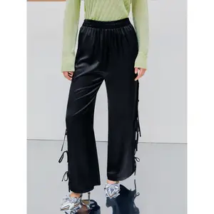 Cider [size 2-26] Satin Mid Rise Knotted Side Solid Wide Leg Trousers