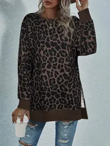 Trendy Leopard Print Loose Fit Long Sleeve Top, Comfortable Everyday Wear Womenswear, Plus Size Casual Fashion