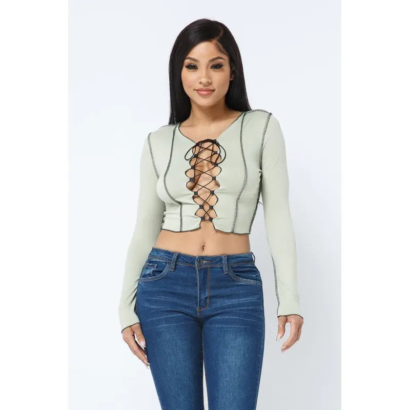 Charlease Sage Lace Up Long Sleeve Top