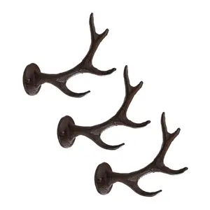 Set Of 3 Cast Iron Western Rustic Stag Deer Crown Antler Wall Coat Keys Hooks