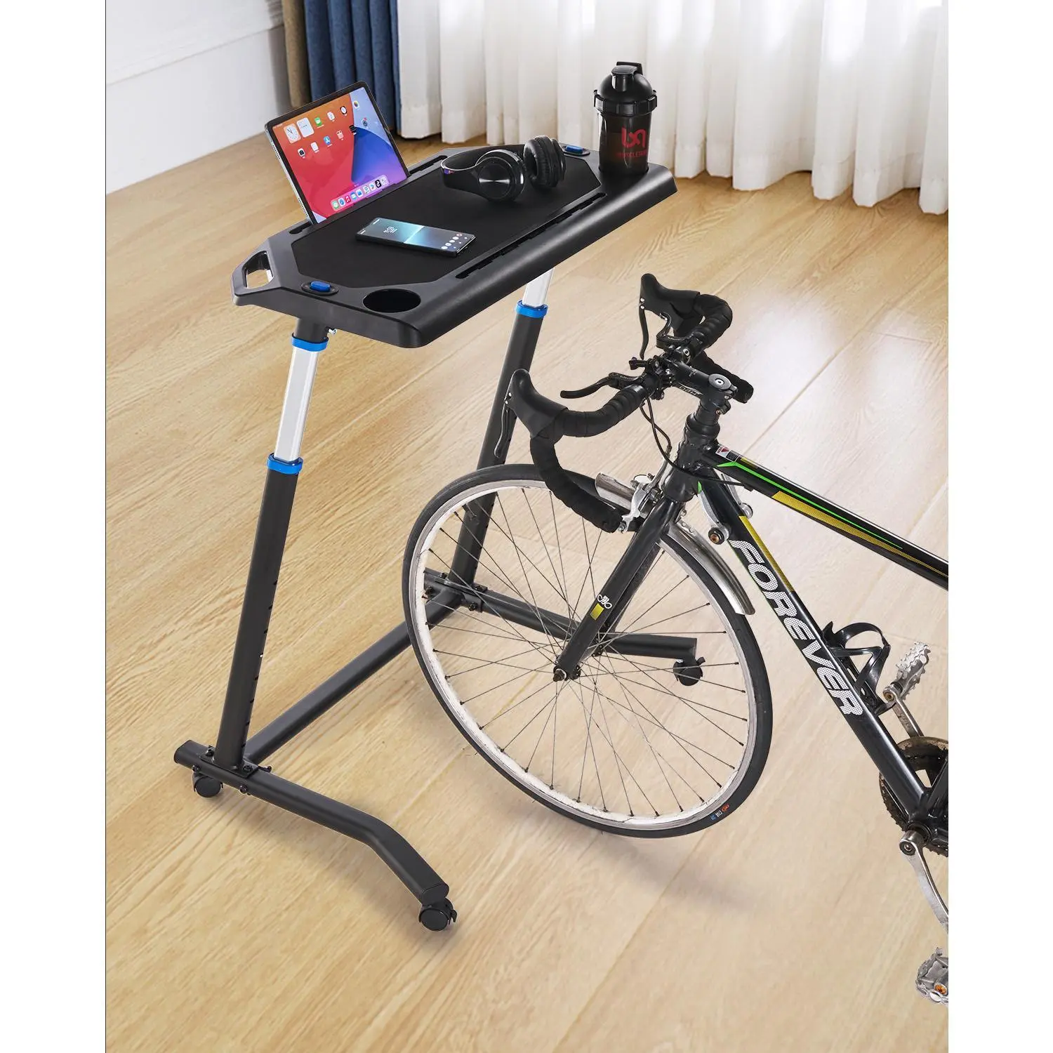【SummerFinds】VEVOR Cycling Desk, Mobile Foldable Multi-Functional Bike Trainer & Treadmill Desk with Lockable Wheels, Non-Slip Multi-Slot Bike Trainer Fitness Desk with Handle Bar, Fit for Home Office Exercise