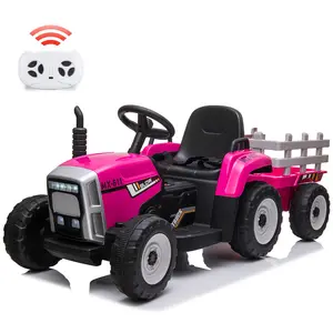 12V Kids Electric Tractor with Trailer, Ride On Car w/Remote, 7-LED Lights, 3-Speed Shift, MP3/USB, Tread Tires,25W