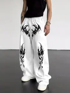 Unisex Black Tribal Flame Graphic Baggy Pants | Y2K Edgy Streetwear Wide-Leg Joggers | Comfortable Cotton Blend Casual Pants | Stylish Everyday & Streetwear Outfits | Relaxed Fit Edgy Tribal Print Pants | Popular Y2K Dark Aesthetic Joggers