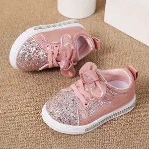 Baby Girl Shoes with Bow| Sparkly Lace-Up Tennis Shoes Infant & Toddler| Korean Style Solid Color Casual First Walkers