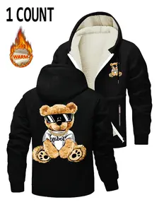 Men's Fleece Lined Zipper Hoodie Jacket, Bear Print Design, Soft Comfortable Fabric, Casual Fashion Outerwear for Fall Winter Daily Wear