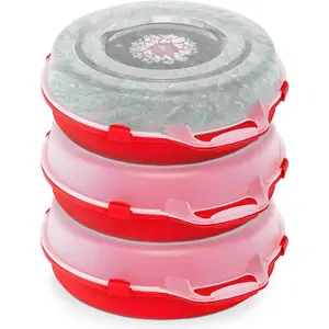 HOMZ 3-Pack 24 Inch Seasonal Holiday Clear Plastic Wreath Storage Containers, Red – Stackable Decoration Organizer Bins with Lids and Handles for Christmas Wreaths and Garlands