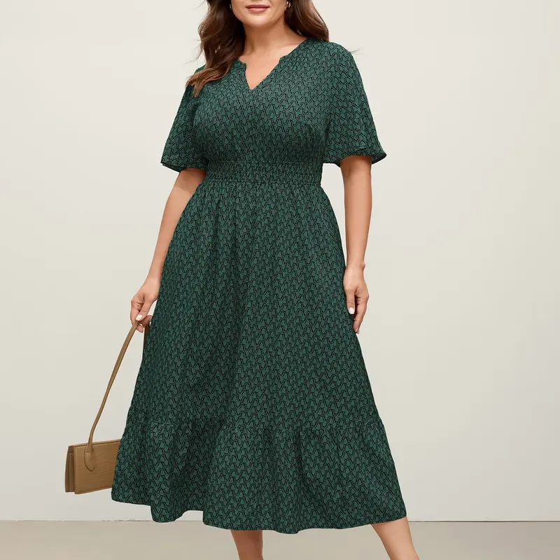 BloomChic Women's Waist-Cinch Casual Dress - Smooth Spandex, Geometric Color-Block, Shortsleeve Ruffled, Pockets, Low Iron, Boho Style Fitted, Cold-Wash, Low-Iron Ready-to-Wear, SohoChic