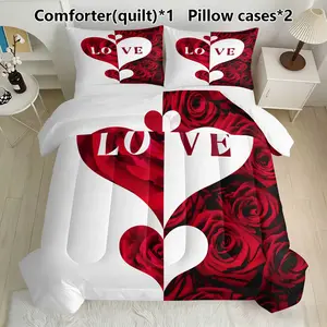 Rose Love Heart Bedding Set, 1 Comforter & 2 Pillowcases, Romantic Valentine's Day Decor, Synthetic Fiber Material