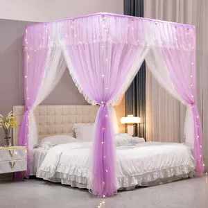 4 Corners Post Ruffle Bed-Layer Cozy Drape Netting 4 Opening Net for Girls Adults Bedroom Decoration (-Purple, 47" W*78" L*82" H/Twin)