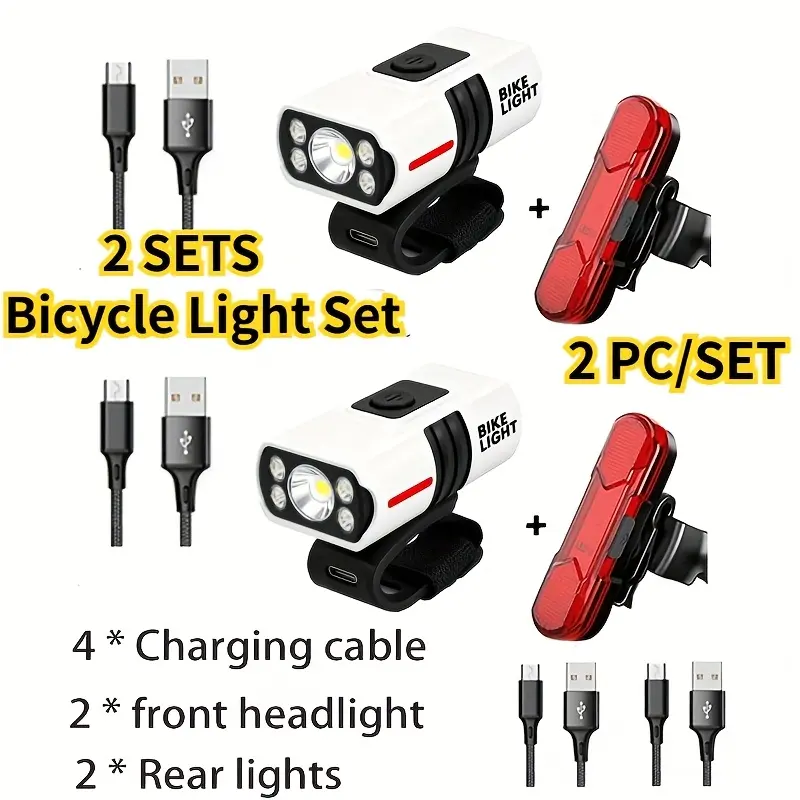 2 Sets of Portable LED Bike Lights: USB Rechargeable Front Light with 6 Modes + Rear Light with 4 Modes, Safe and Portable LED Bike Lights, Tail Light, Suitable for Cycling and Bicycle Riding