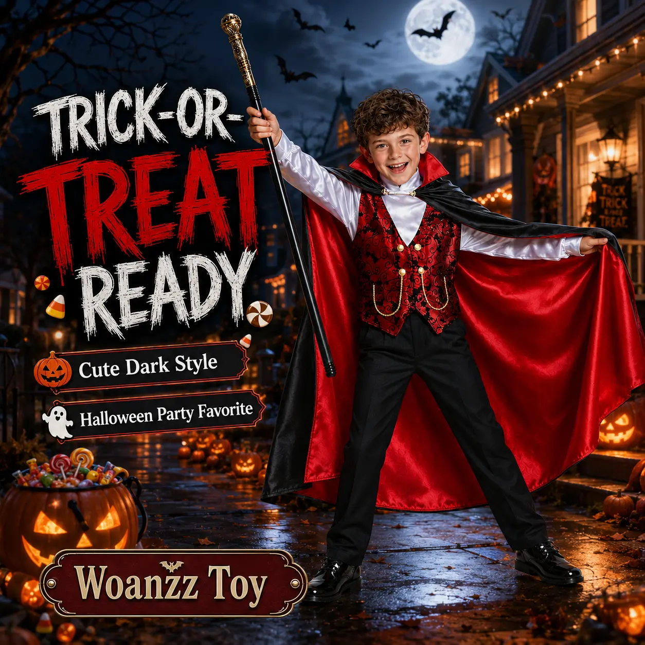 Boys' Vampire Prince Halloween Costume Set - Ready-to-Play Dress-Up and Roleplay Clothes with Cape, Vest, Pants, Scepter for Trick-or-Treat, Gothic Cosplay Events
