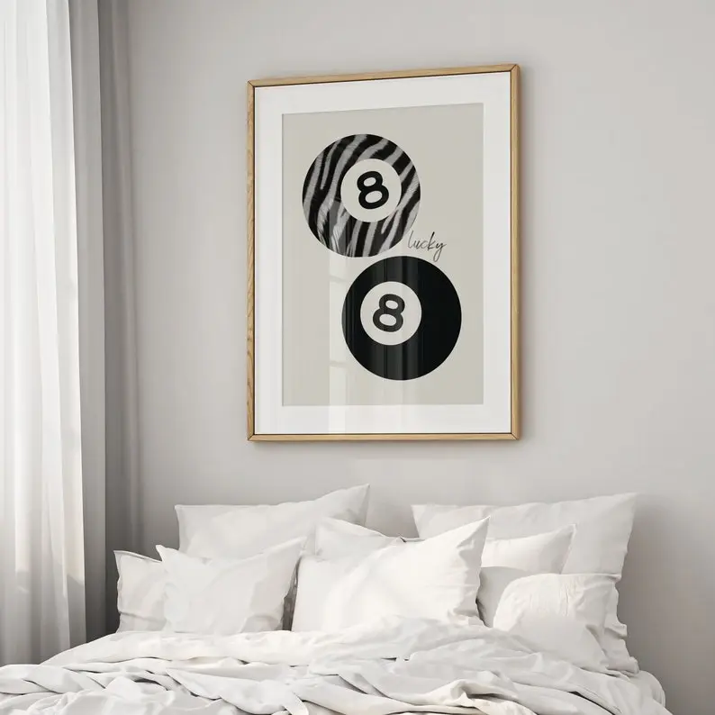 8 Ball Zebra Print, Retro Lucky Girl Poster, Funky Y2K Aesthetic Apartment Decor, Black White Vintage Pool Ball - No Frame
