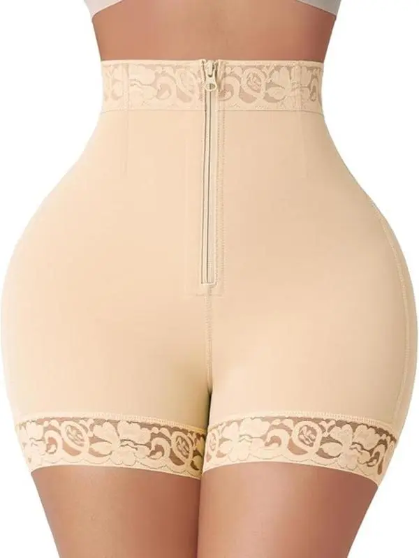 Women's High-Waist Sexy Compression Knit Shapewear Shorts - High Stretch Booty Enhancer Leg Shaping Bottoms with Soft Plain Fabric, Lace Trim, Tummy Control, Adjustable Zipper, Breathable Material